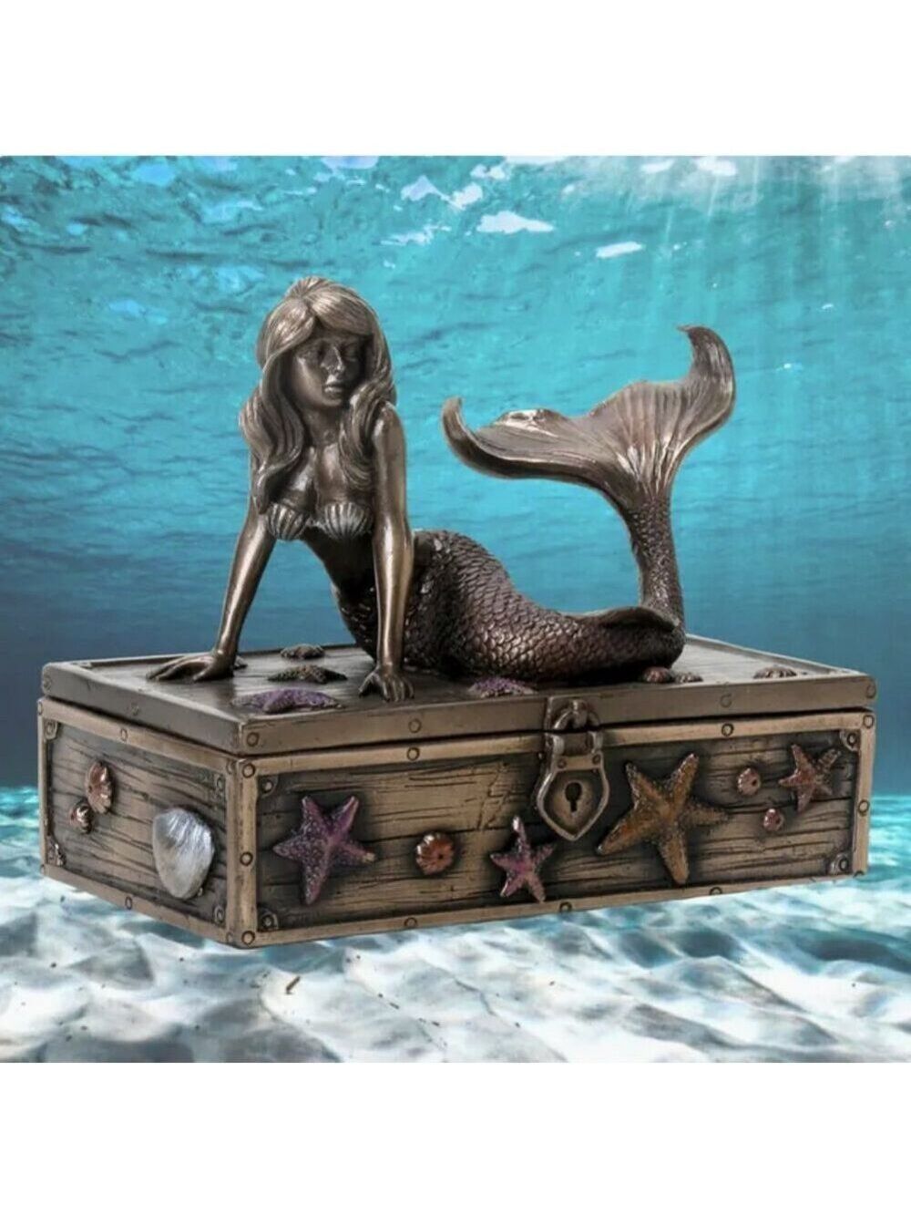 Mermaid on Seashell and Starfish Treasure Box Jewelry Trinket Box - Picture 1 of 5